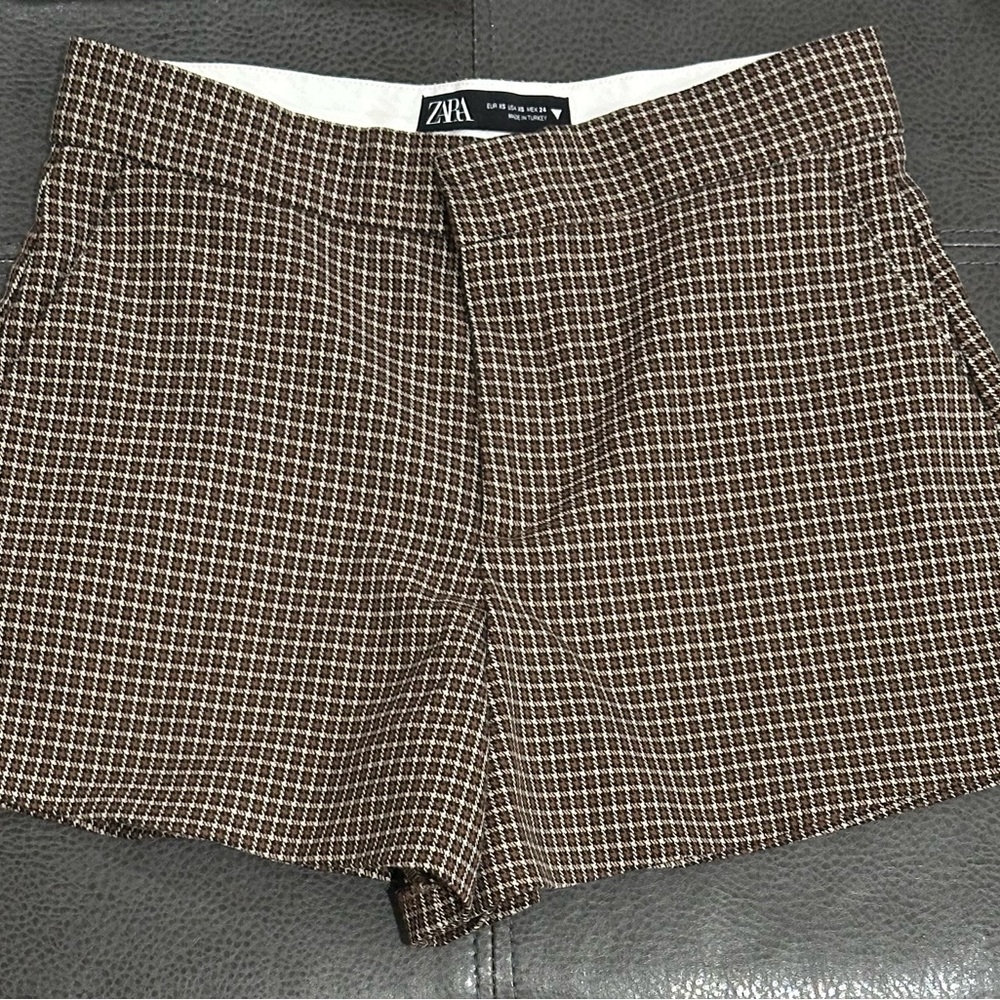 Zara Highwaist Brown Houndstooth Mini Shorts With Front Pockets Women Sz XS NWOT